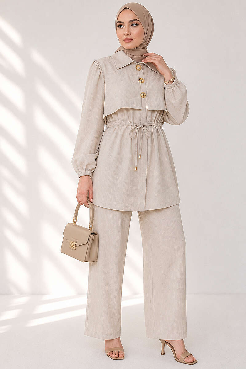 Button Two-Piece Set with Drawstring Waist - Beige