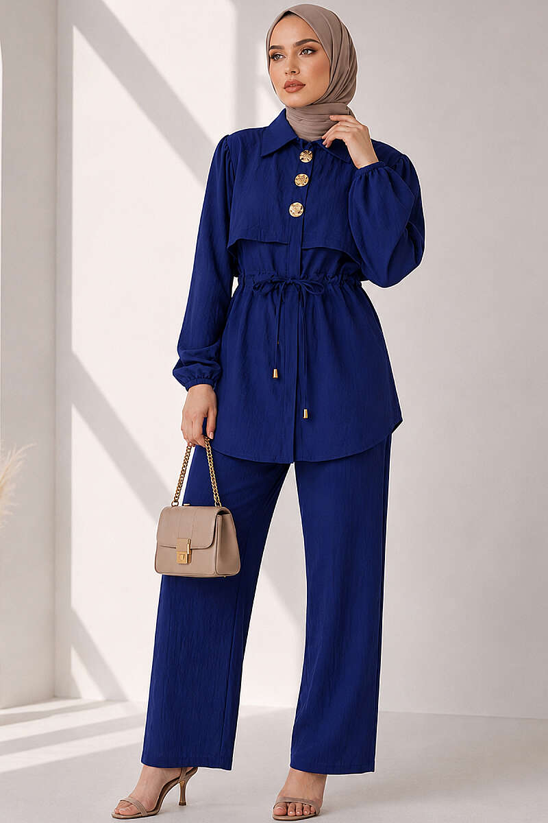 Button Two-Piece Set with Drawstring Waist - Navy