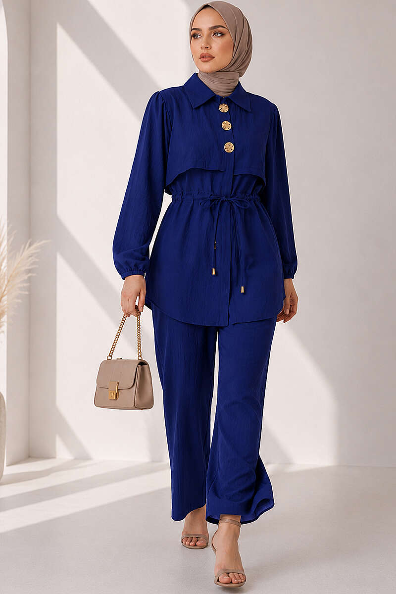 Button Two-Piece Set with Drawstring Waist - Navy