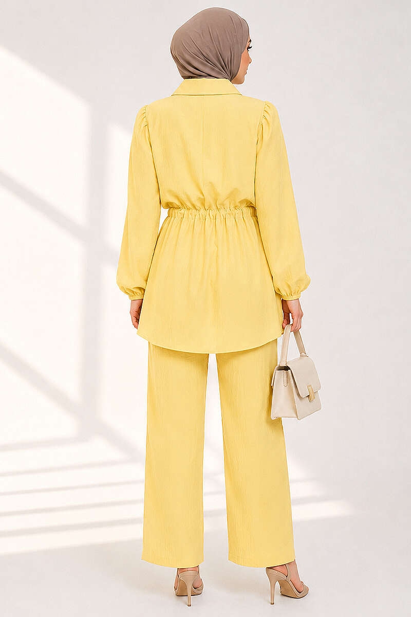 Button Two-Piece Set with Drawstring Waist - Yellow