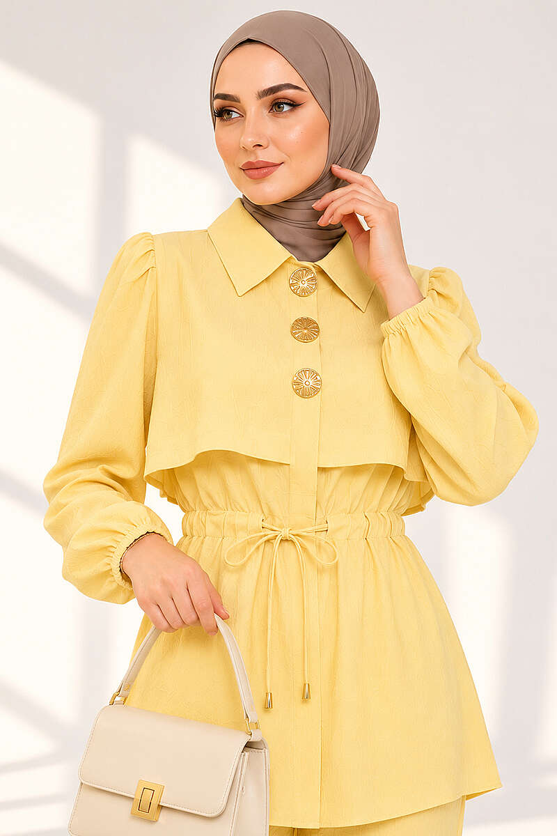 Button Two-Piece Set with Drawstring Waist - Yellow