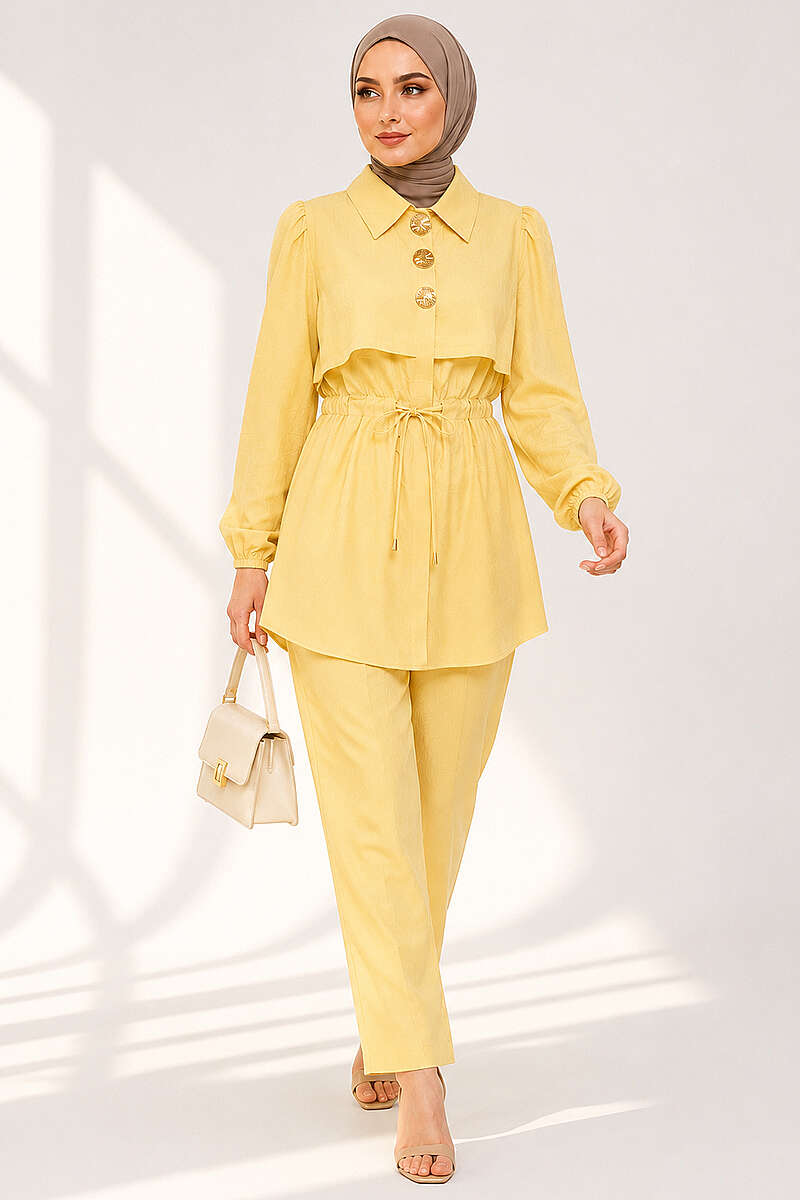 Button Two-Piece Set with Drawstring Waist - Yellow