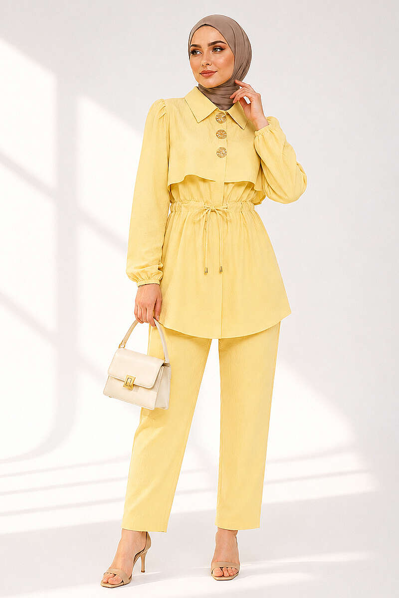 Button Two-Piece Set with Drawstring Waist - Yellow