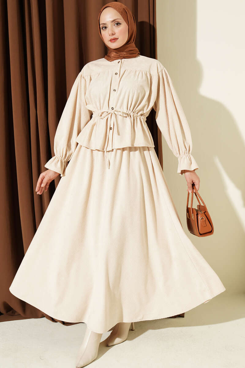 Velvet Two-Piece Skirt Set with Drawstring Waist - Beige