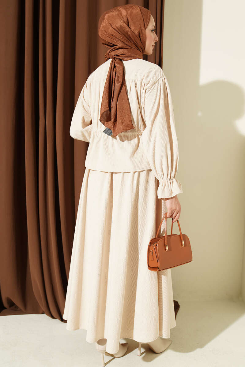 Velvet Two-Piece Skirt Set with Drawstring Waist - Beige