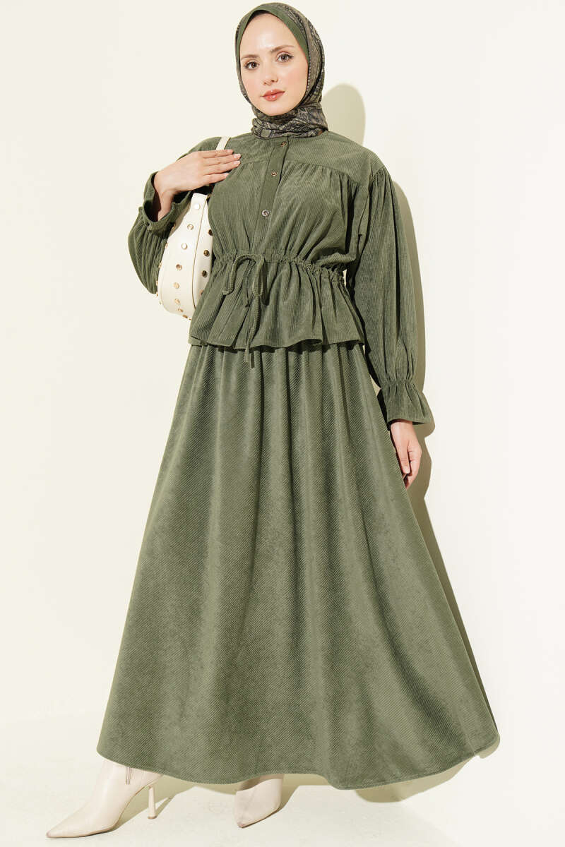 Velvet Two-Piece Skirt Set with Drawstring Waist - Khaki
