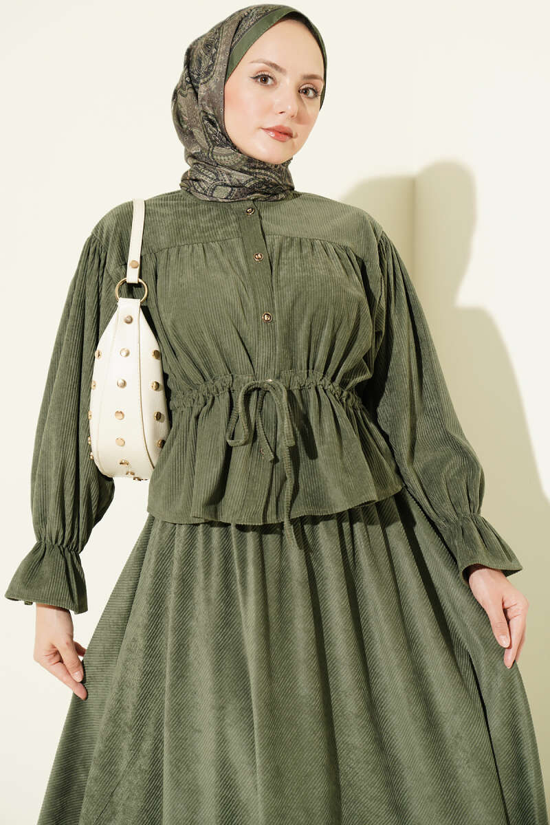 Velvet Two-Piece Skirt Set with Drawstring Waist - Khaki