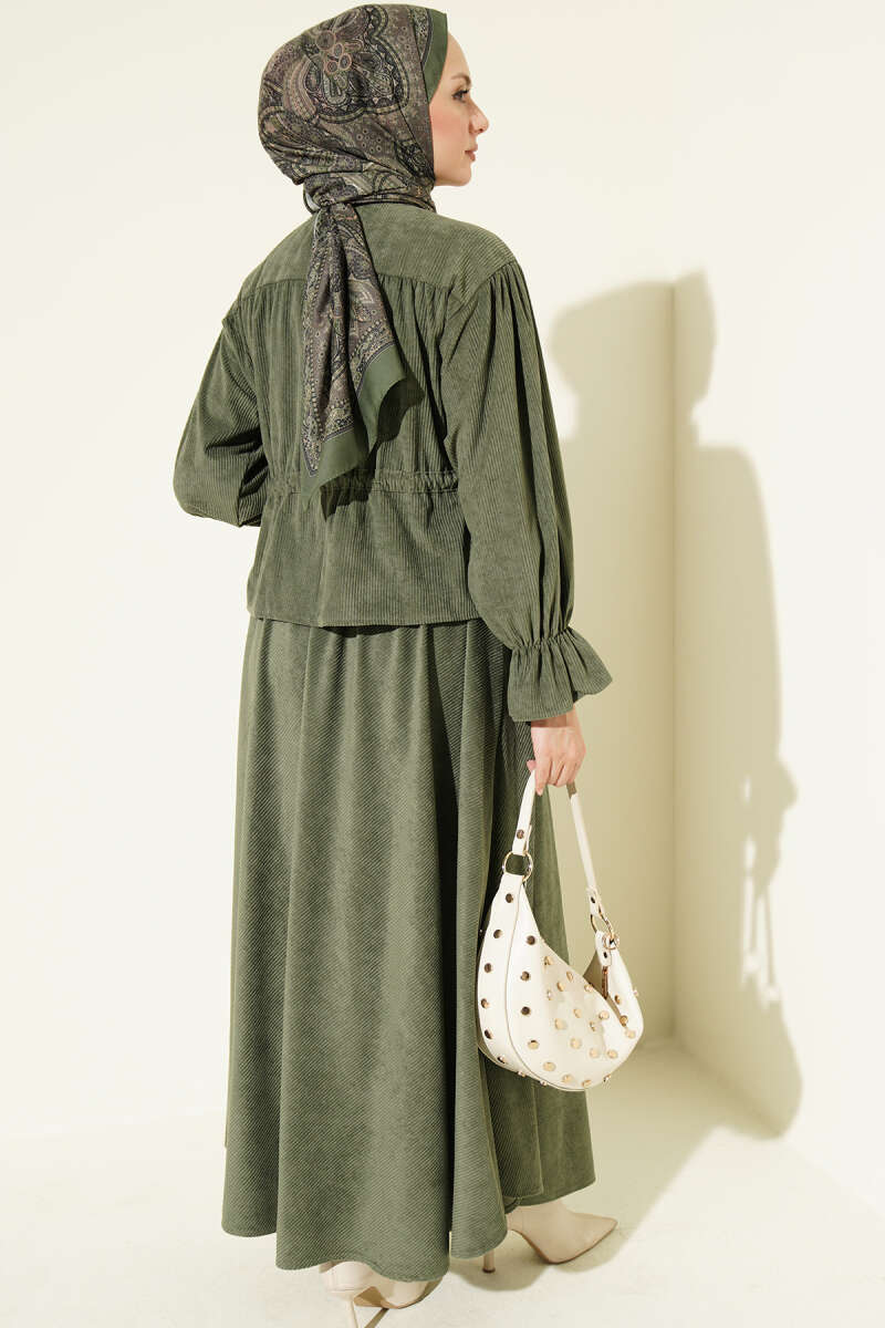 Velvet Two-Piece Skirt Set with Drawstring Waist - Khaki