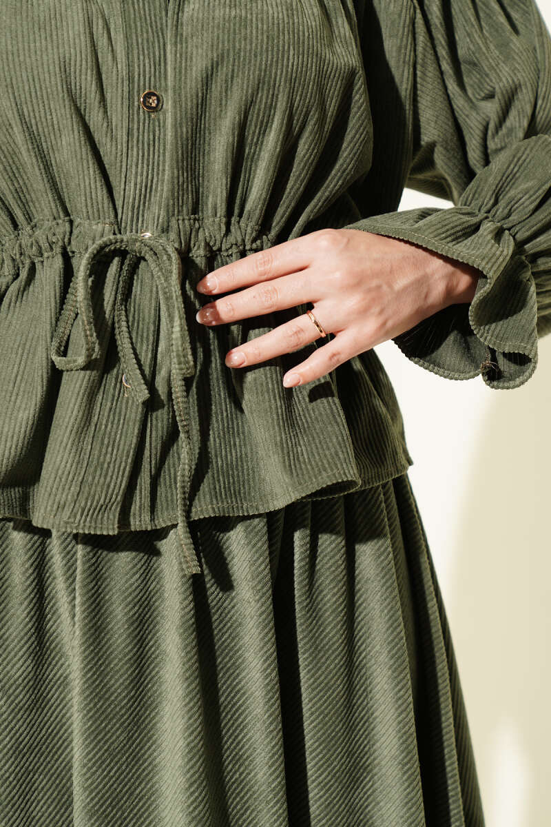Velvet Two-Piece Skirt Set with Drawstring Waist - Khaki