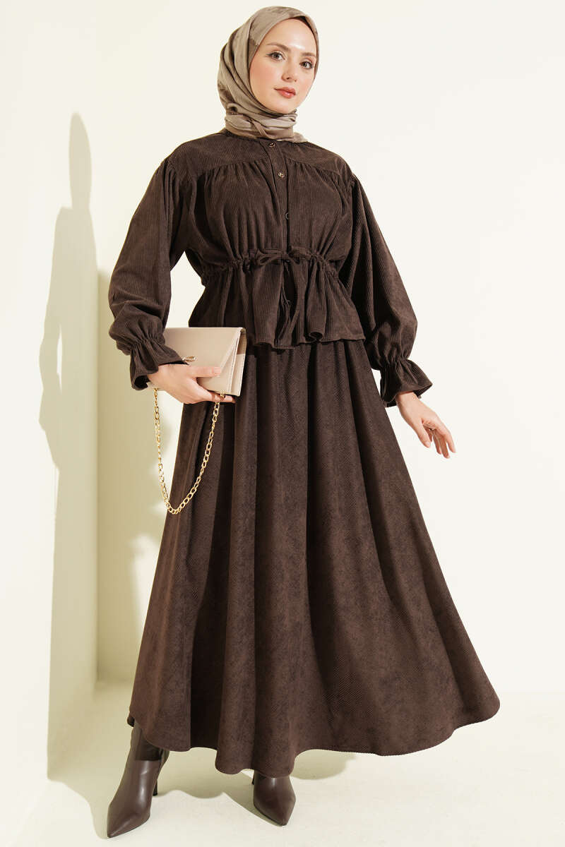 Velvet Two-Piece Skirt Set with Drawstring Waist - Brown