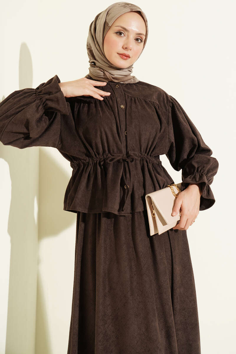 Velvet Two-Piece Skirt Set with Drawstring Waist - Brown