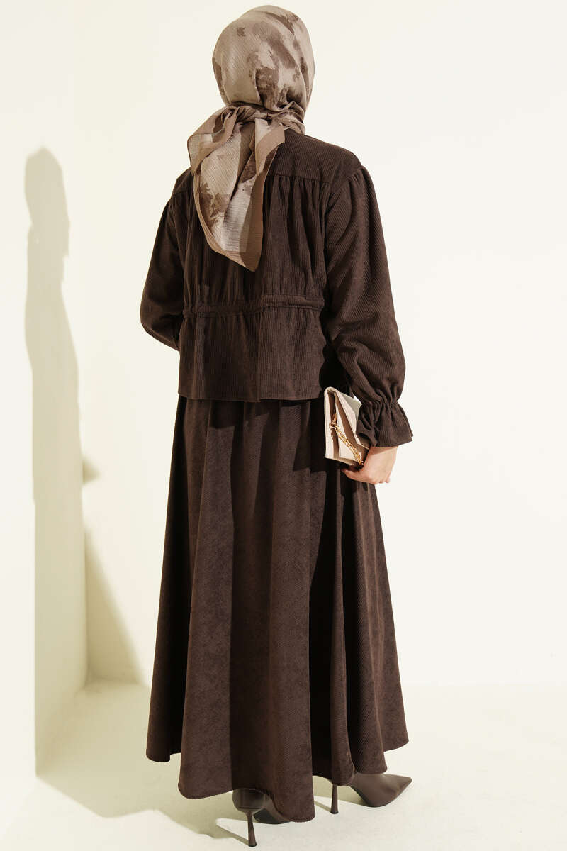 Velvet Two-Piece Skirt Set with Drawstring Waist - Brown