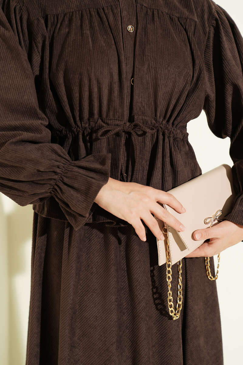Velvet Two-Piece Skirt Set with Drawstring Waist - Brown