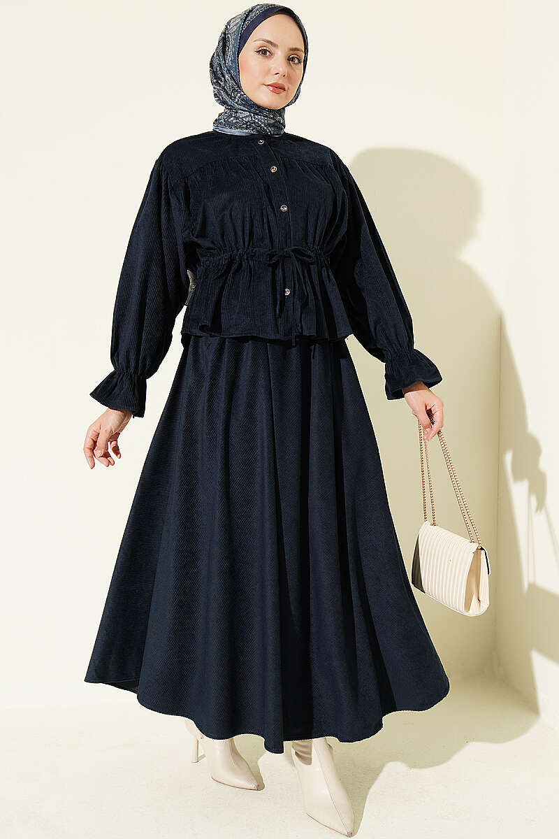Velvet Two-Piece Skirt Set with Drawstring Waist - Navy