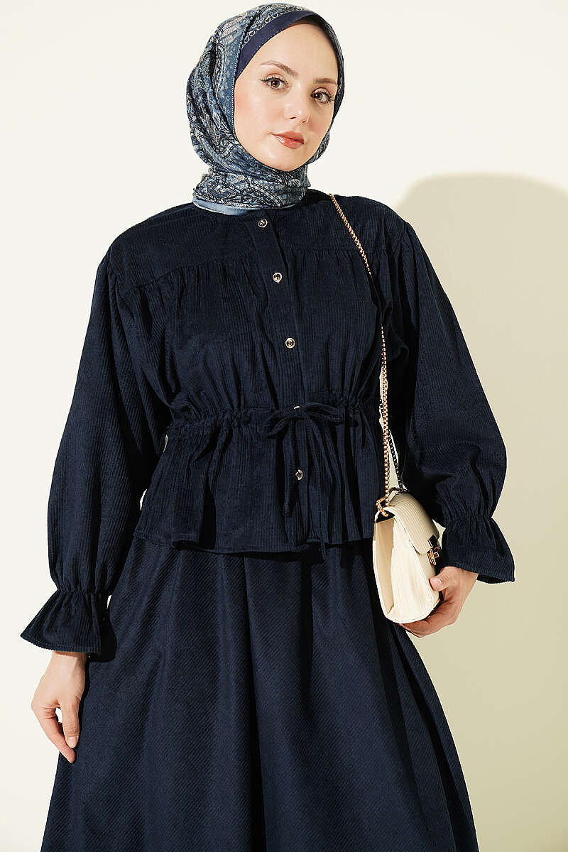Velvet Two-Piece Skirt Set with Drawstring Waist - Navy