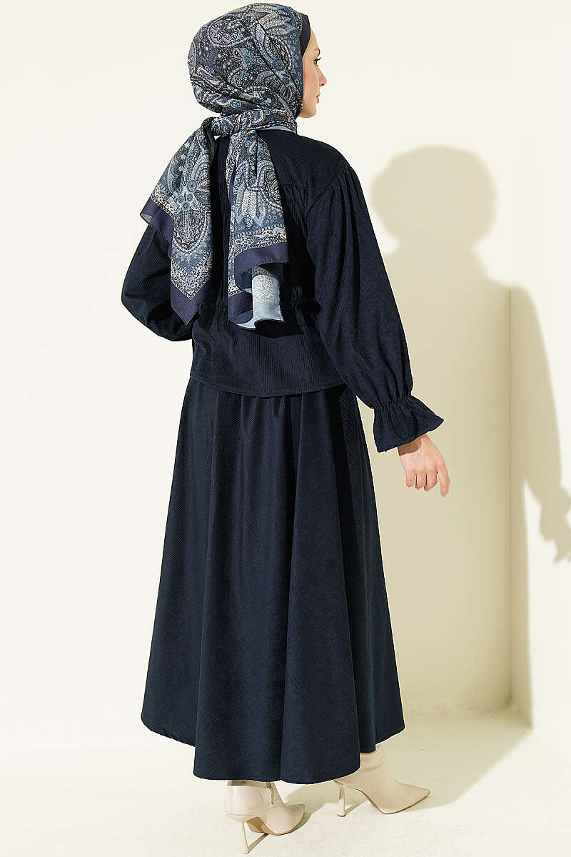 Velvet Two-Piece Skirt Set with Drawstring Waist - Navy
