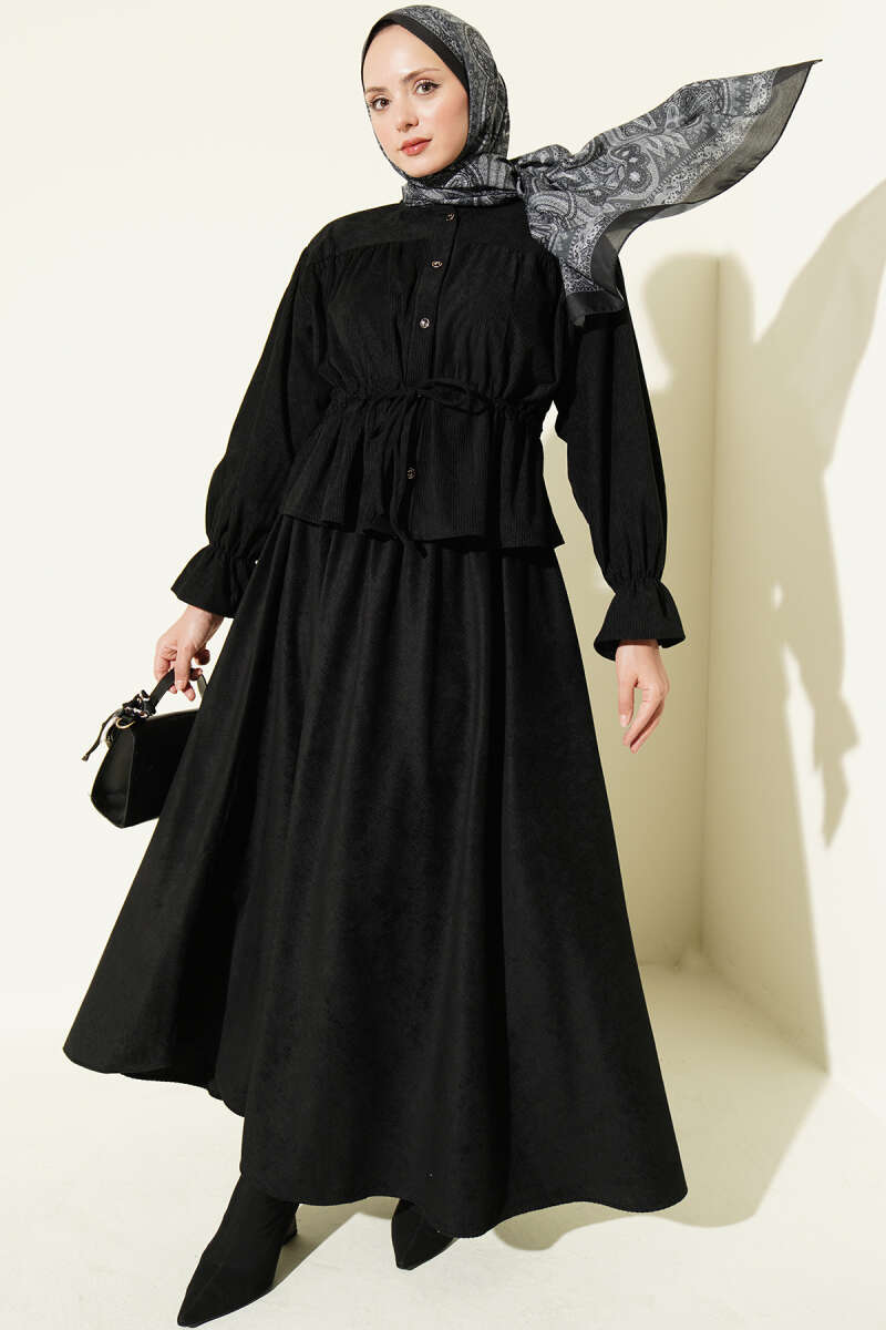 Velvet Two-Piece Skirt Set with Drawstring Waist - Black