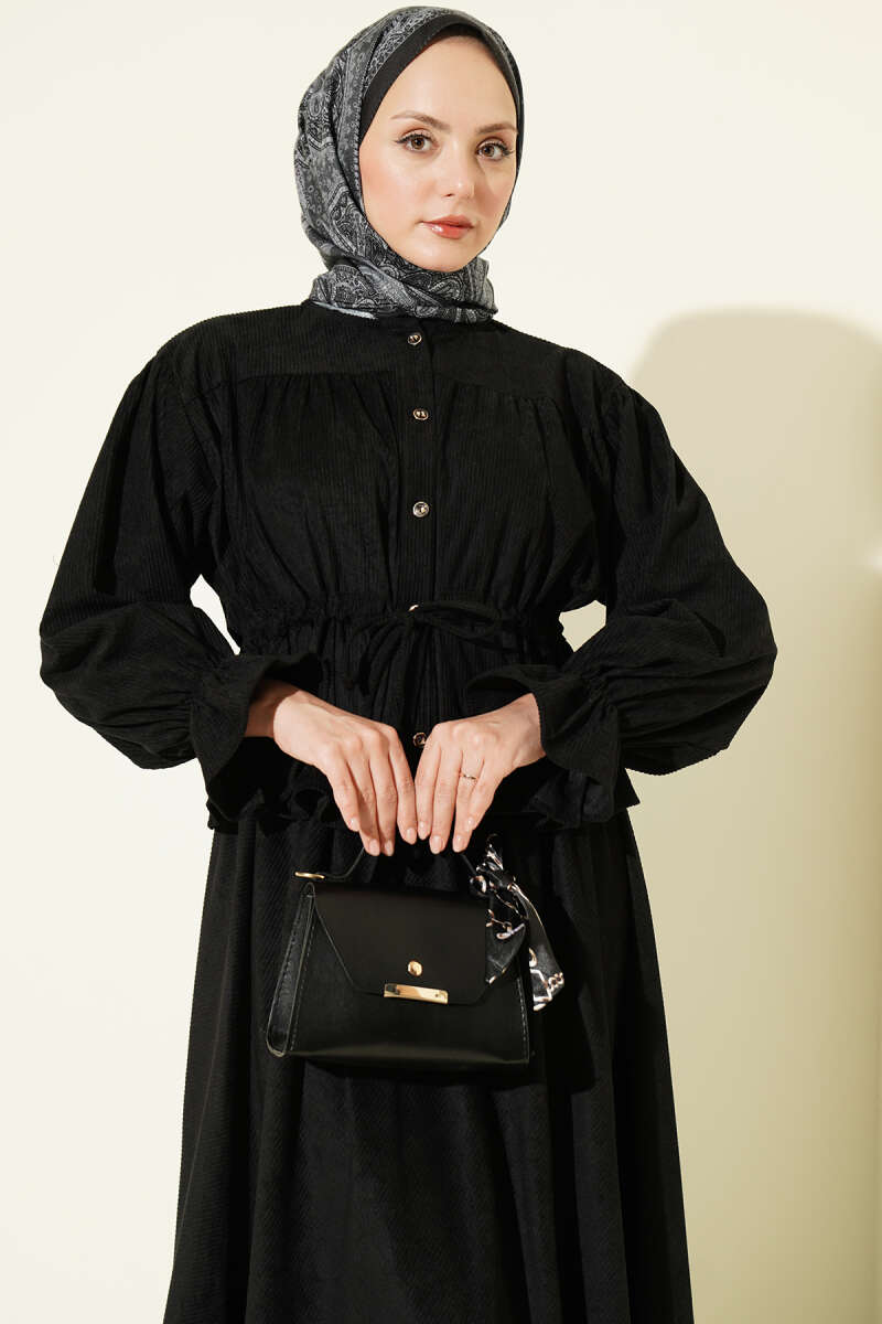 Velvet Two-Piece Skirt Set with Drawstring Waist - Black