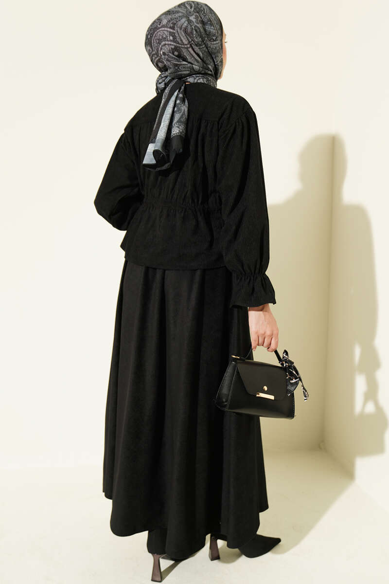 Velvet Two-Piece Skirt Set with Drawstring Waist - Black