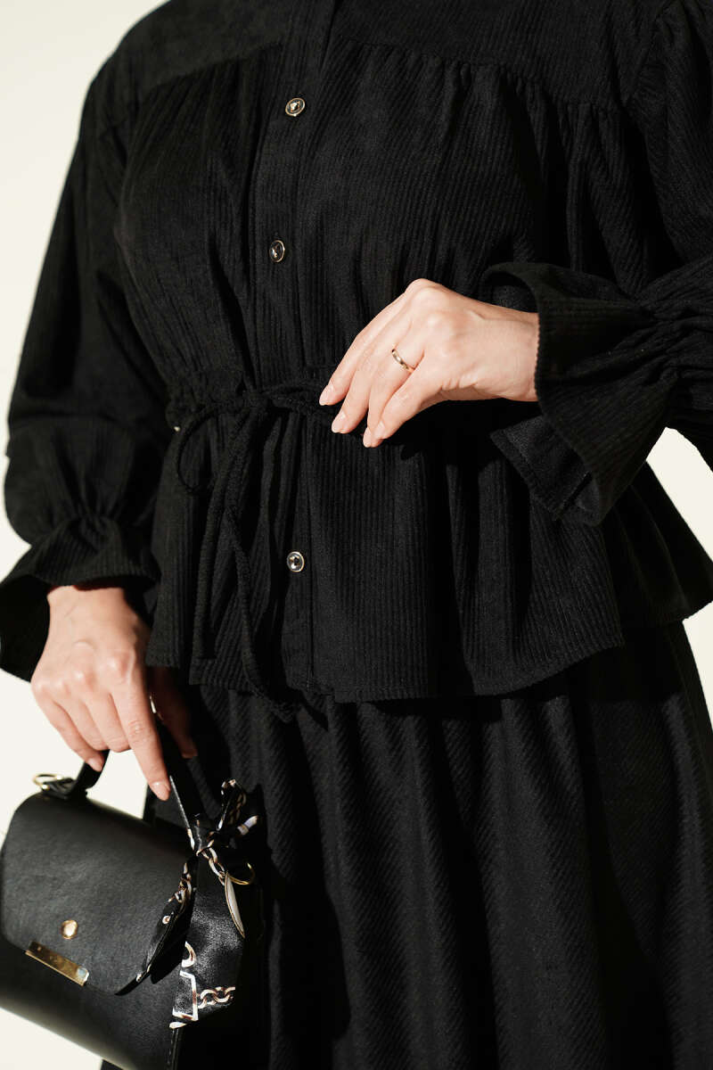Velvet Two-Piece Skirt Set with Drawstring Waist - Black