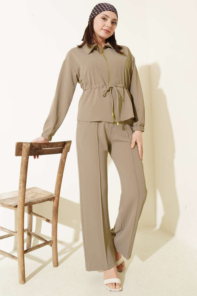 Basic Zip Two-Piece Set with Drawstring Waist - Beige
