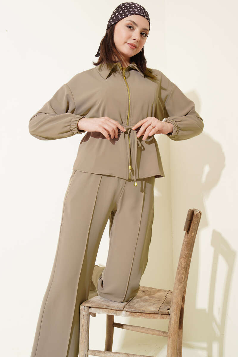 Basic Zip Two-Piece Set with Drawstring Waist - Beige