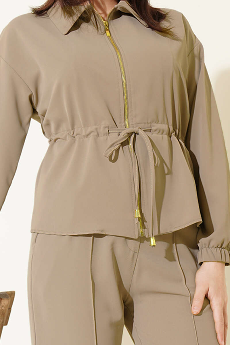 Basic Zip Two-Piece Set with Drawstring Waist - Beige