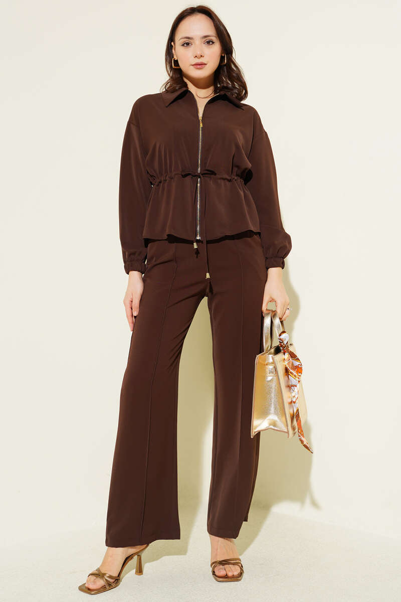 Basic Zip Two-Piece Set with Drawstring Waist - Brown