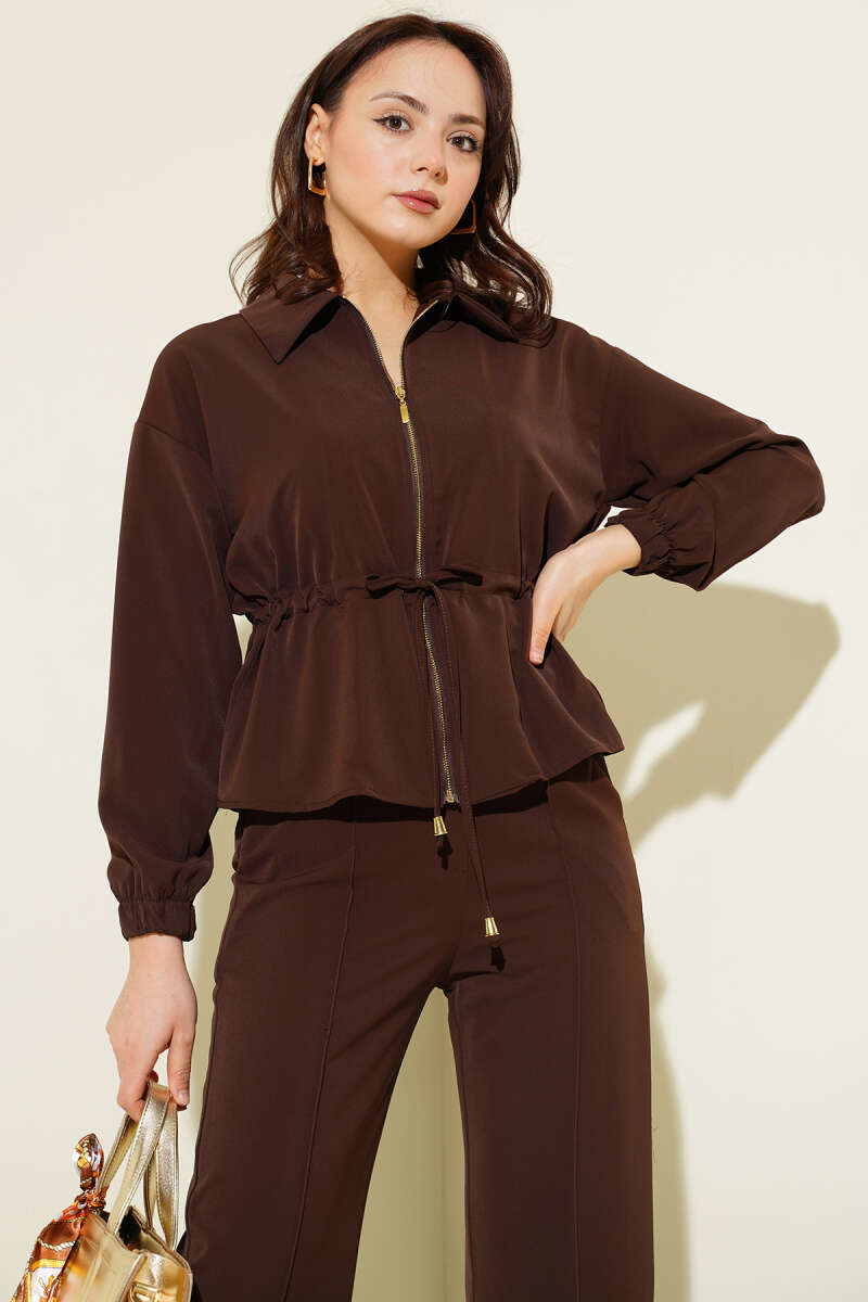 Basic Zip Two-Piece Set with Drawstring Waist - Brown
