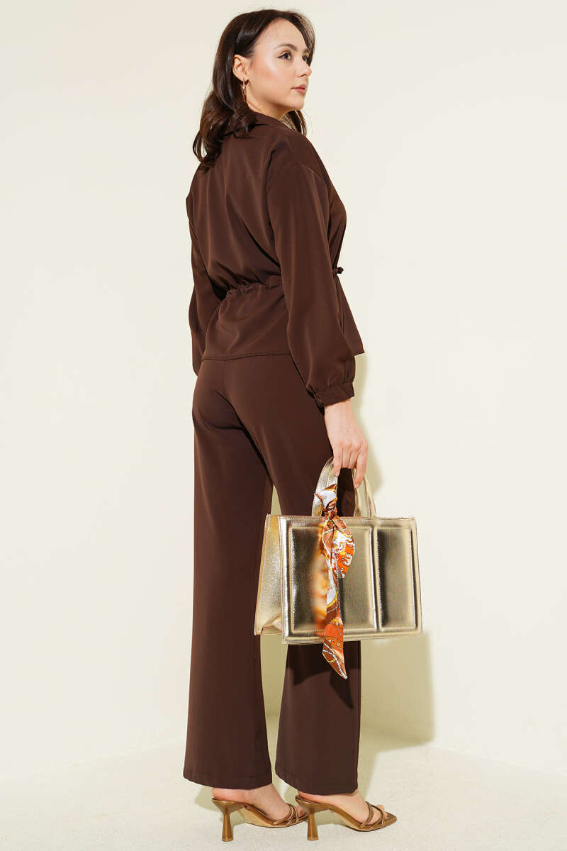 Basic Zip Two-Piece Set with Drawstring Waist - Brown
