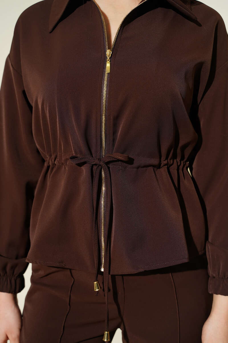 Basic Zip Two-Piece Set with Drawstring Waist - Brown