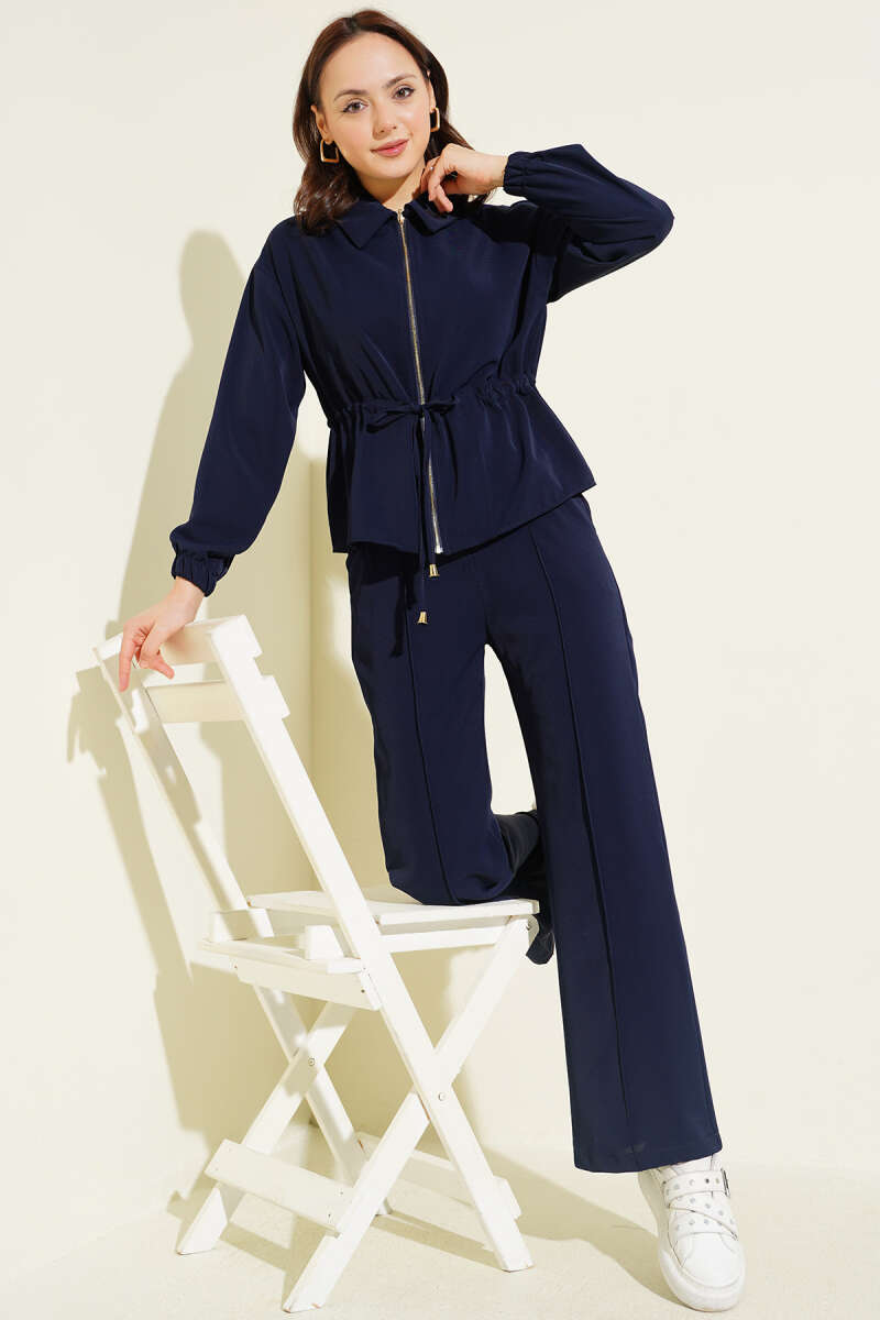 Basic Zip Two-Piece Set with Drawstring Waist - Navy