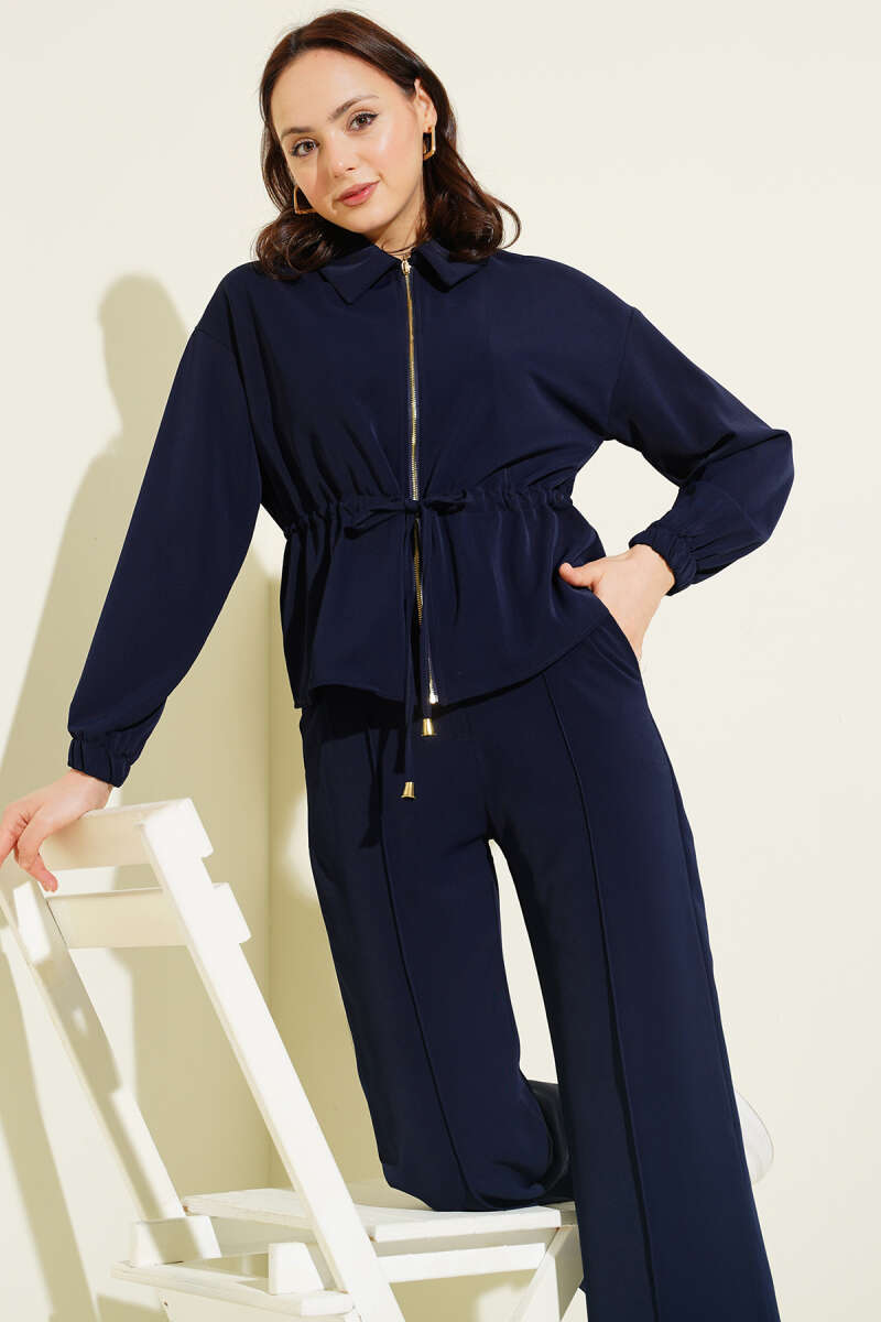 Basic Zip Two-Piece Set with Drawstring Waist - Navy