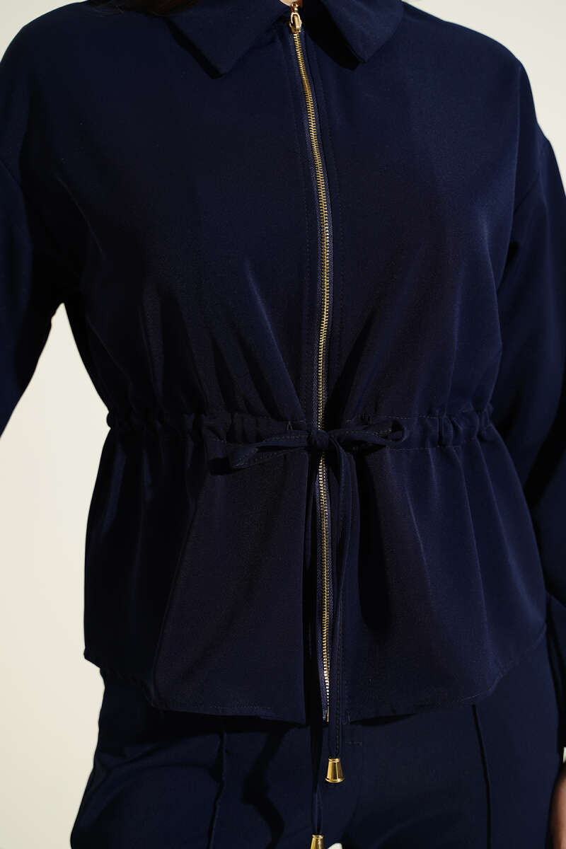 Basic Zip Two-Piece Set with Drawstring Waist - Navy