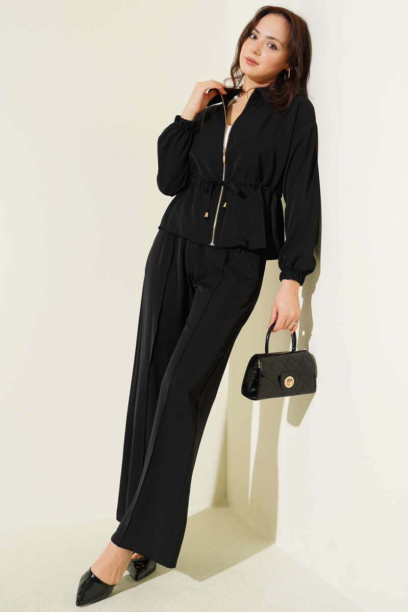 Basic Zip Two-Piece Set with Drawstring Waist - Black