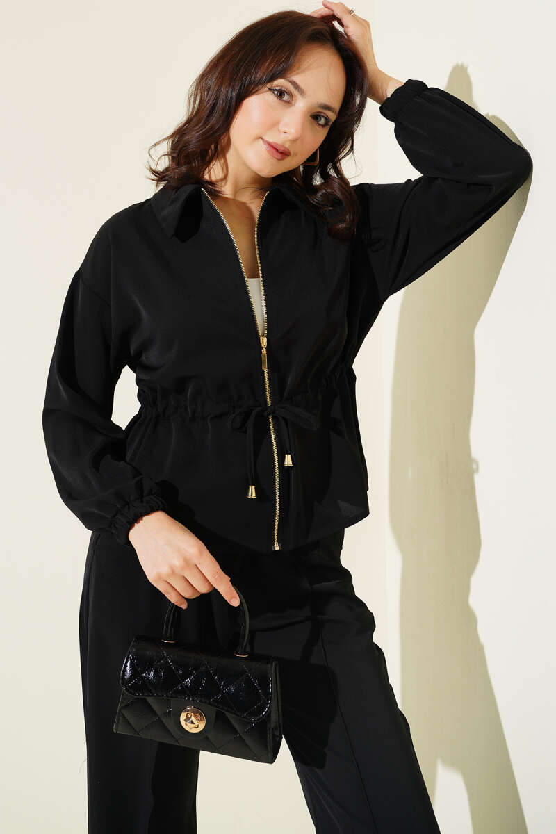 Basic Zip Two-Piece Set with Drawstring Waist - Black