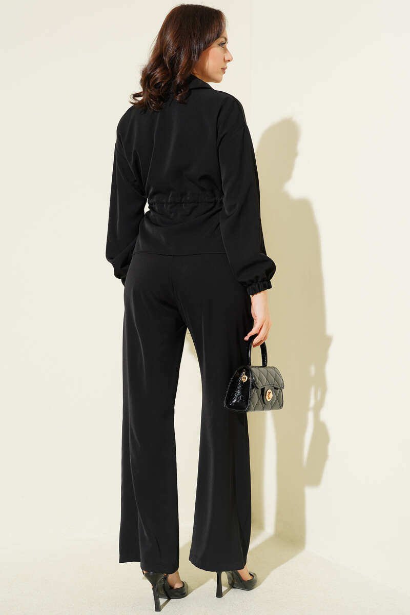 Basic Zip Two-Piece Set with Drawstring Waist - Black