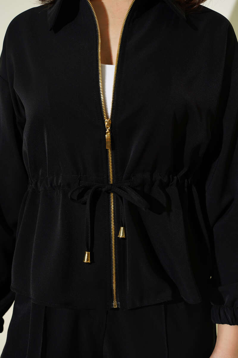 Basic Zip Two-Piece Set with Drawstring Waist - Black