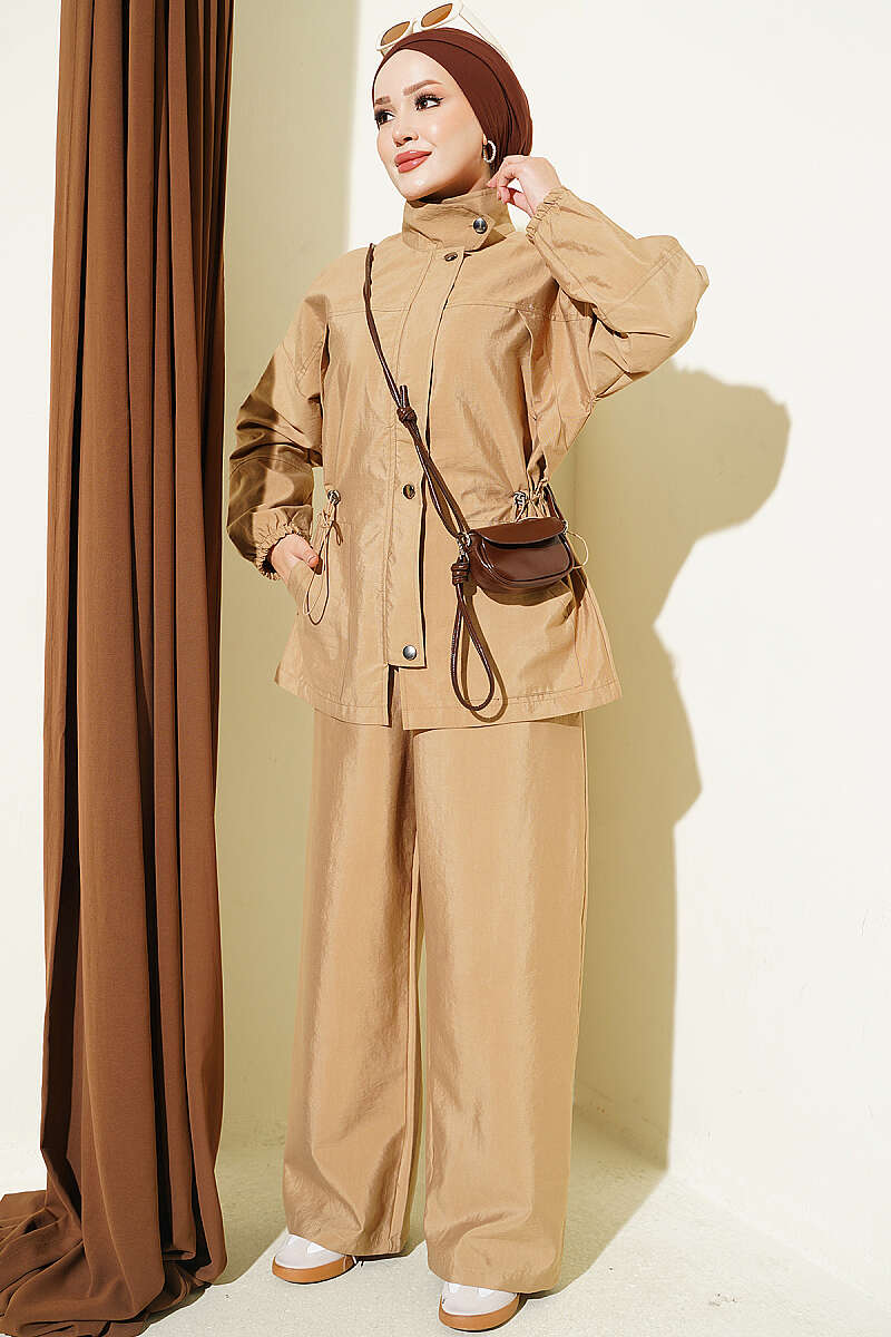 Zip-Up Two-Piece Set with Drawstring Waist - Camel