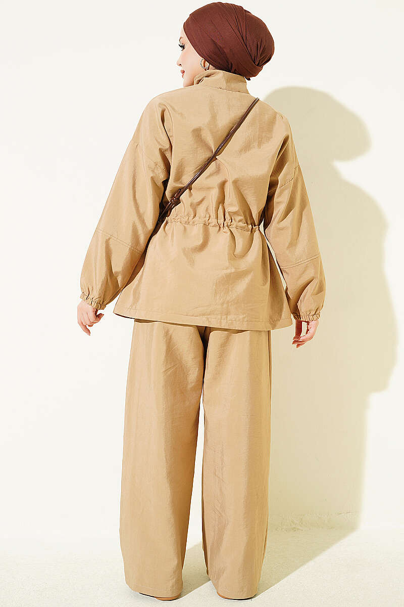 Zip-Up Two-Piece Set with Drawstring Waist - Camel
