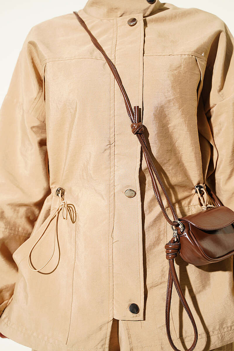Zip-Up Two-Piece Set with Drawstring Waist - Camel