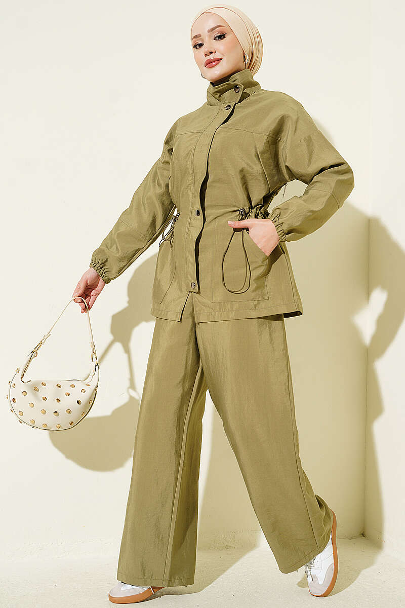 Zip-Up Two-Piece Set with Drawstring Waist - Khaki