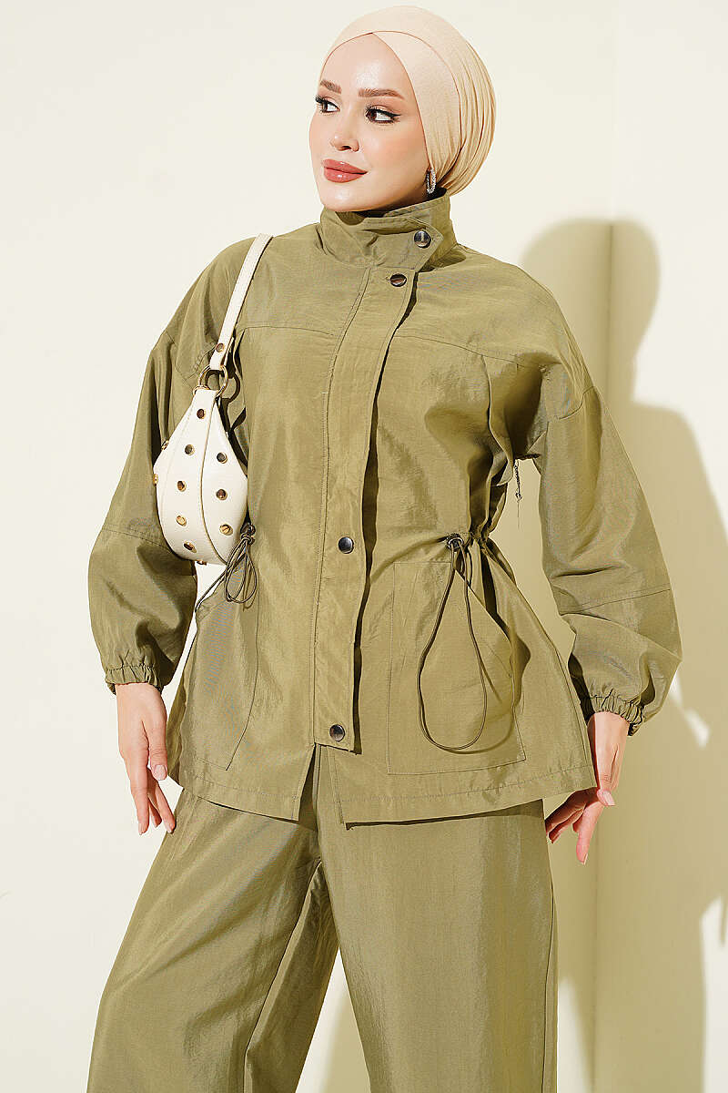 Zip-Up Two-Piece Set with Drawstring Waist - Khaki