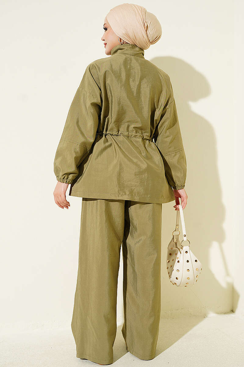 Zip-Up Two-Piece Set with Drawstring Waist - Khaki