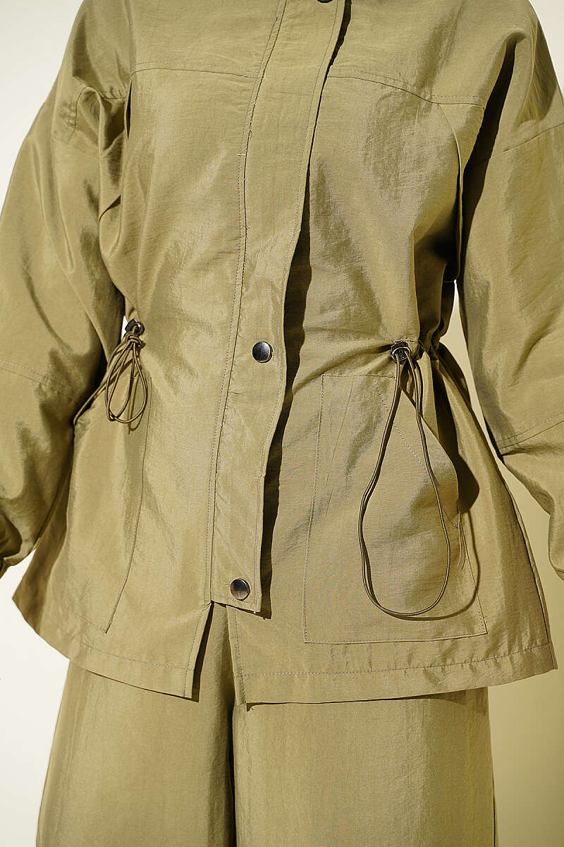 Zip-Up Two-Piece Set with Drawstring Waist - Khaki