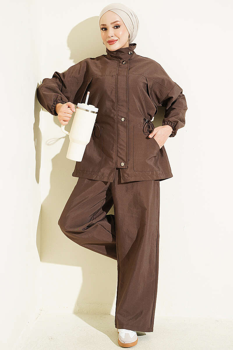Zip-Up Two-Piece Set with Drawstring Waist - Brown