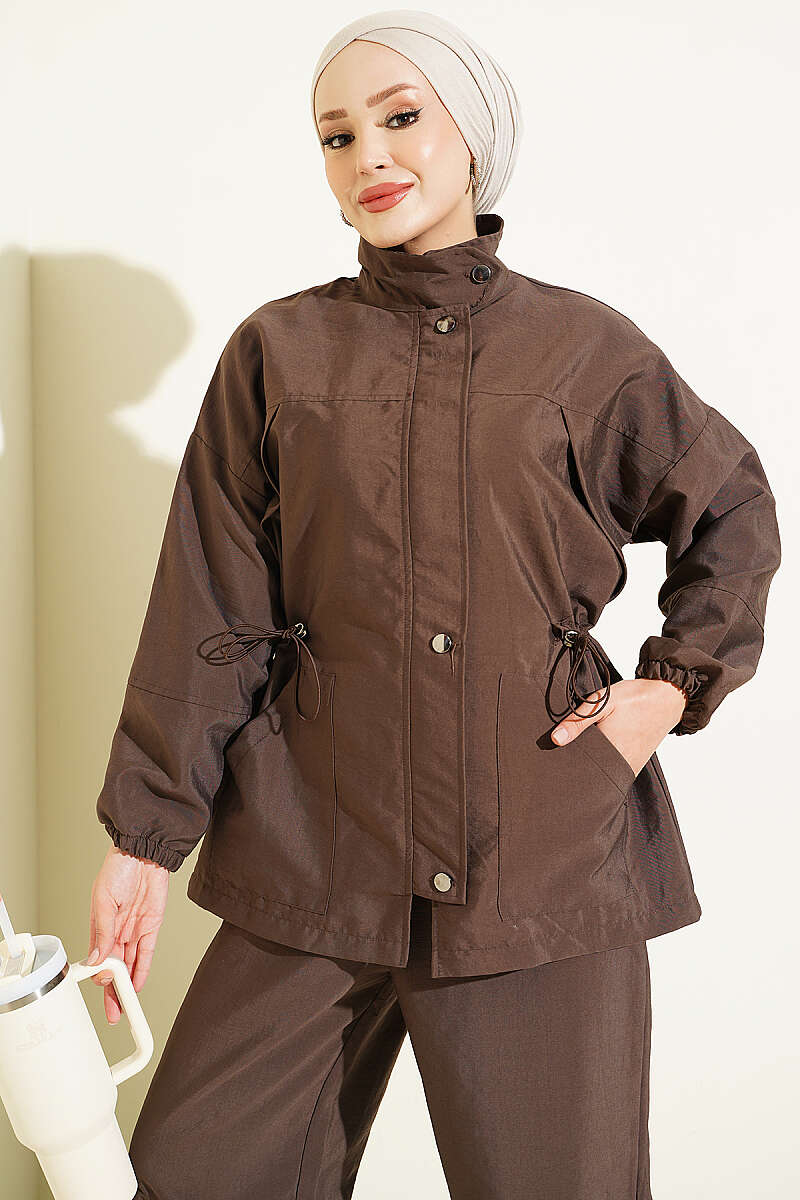 Zip-Up Two-Piece Set with Drawstring Waist - Brown
