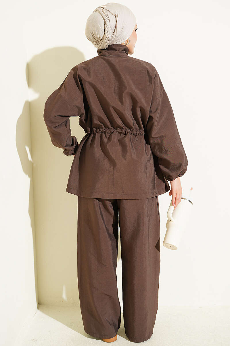 Zip-Up Two-Piece Set with Drawstring Waist - Brown