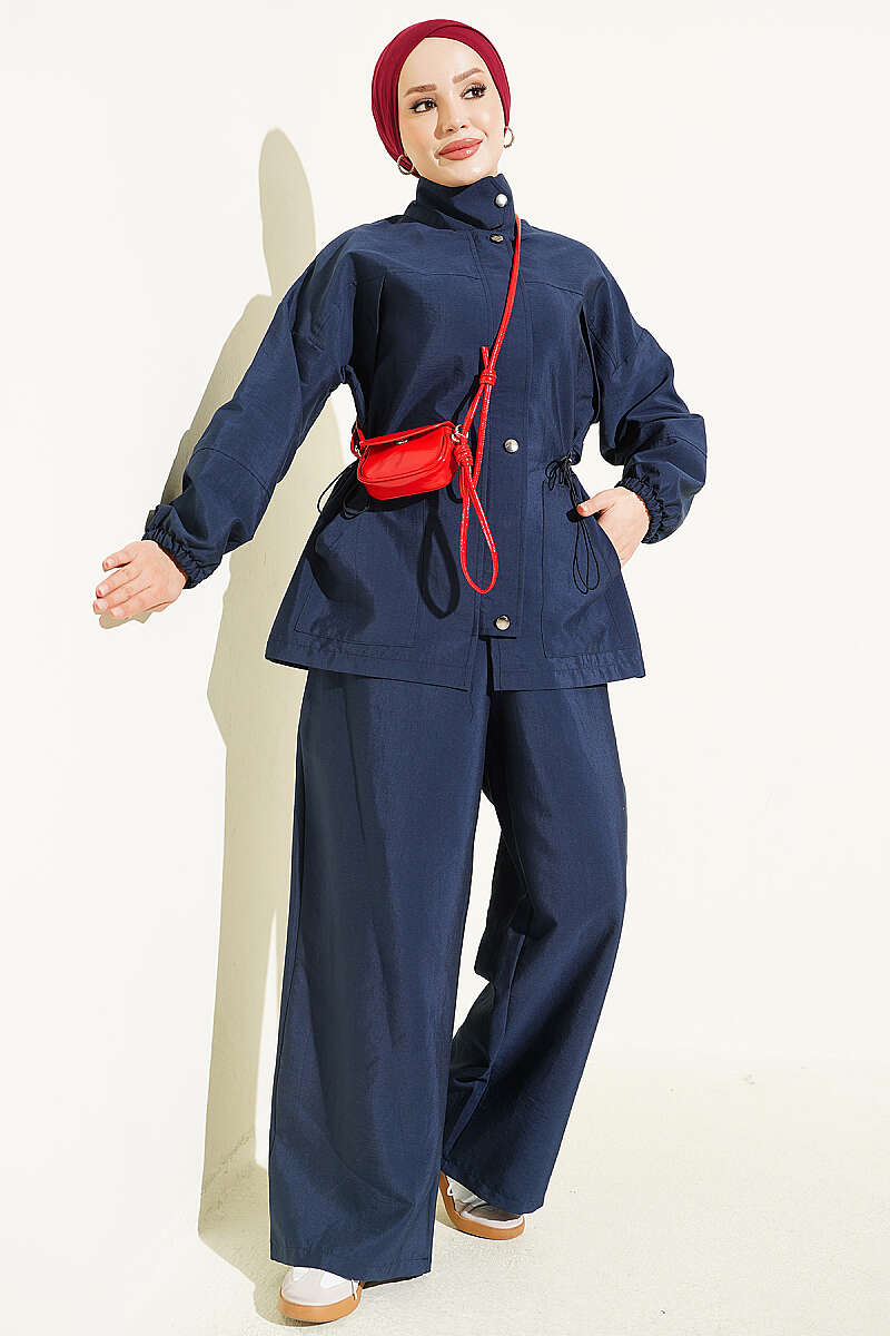 Zip-Up Two-Piece Set with Drawstring Waist - Navy