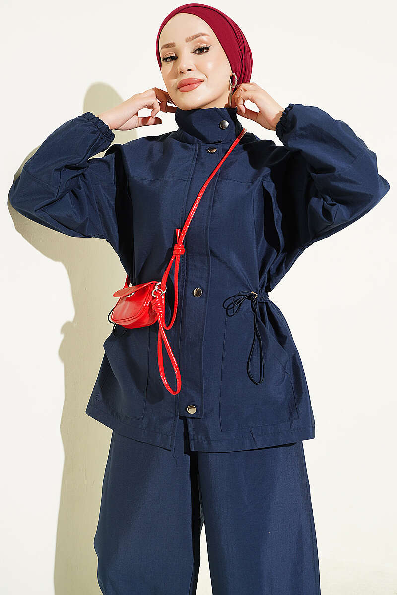 Zip-Up Two-Piece Set with Drawstring Waist - Navy